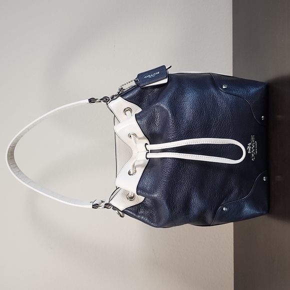 Coach Handbags - Coach Mickie Dark Navy Pebble Leather Drawstring Shoulder Bag